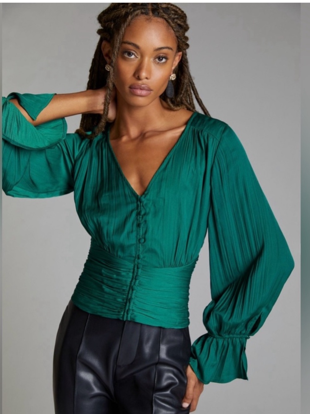 Anthropologie  Green V-Neck Button Front Blouse